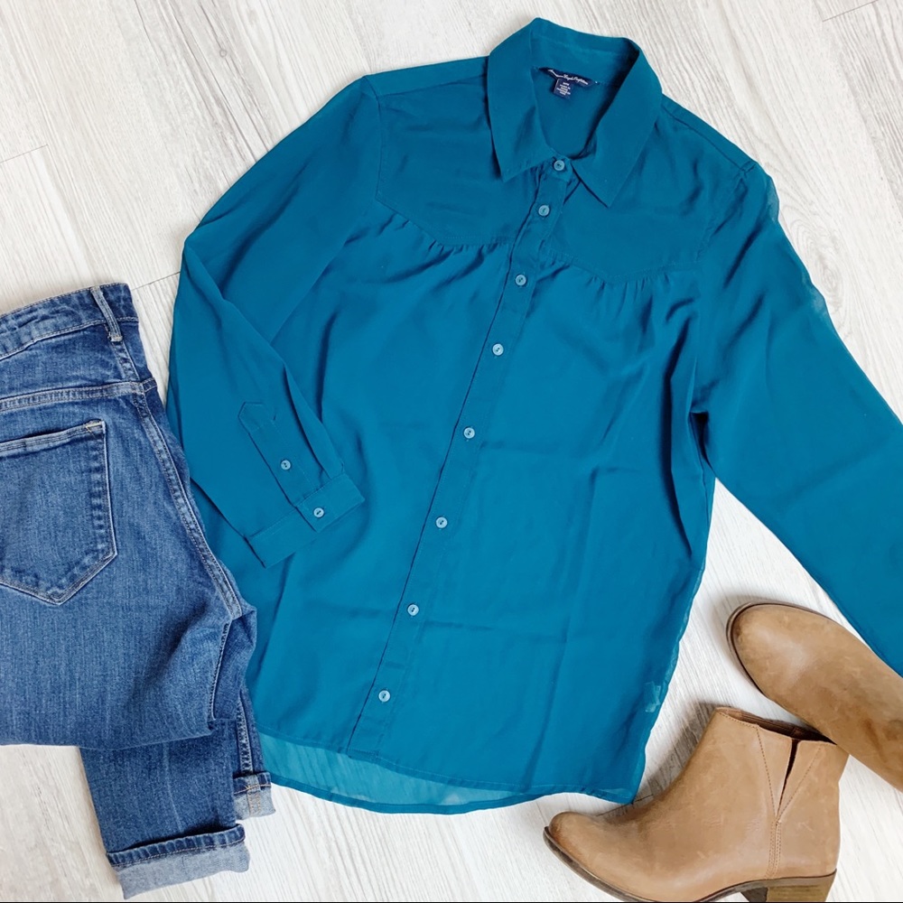 American Eagle Sheer Dark Teal Button Down Blouse